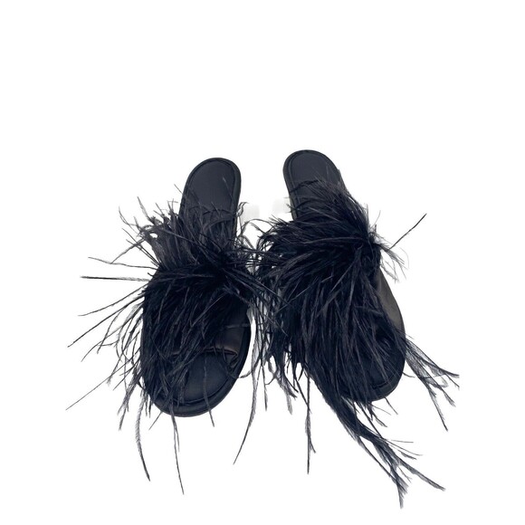 Vintage Madye's Fru-Fru Fancy Wedge Heel Black Slippers w Feathery Detail L 8-9 - Picture 2 of 12
